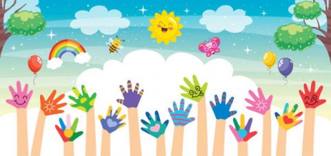 Concept Design With Painted Hands Of Little Children